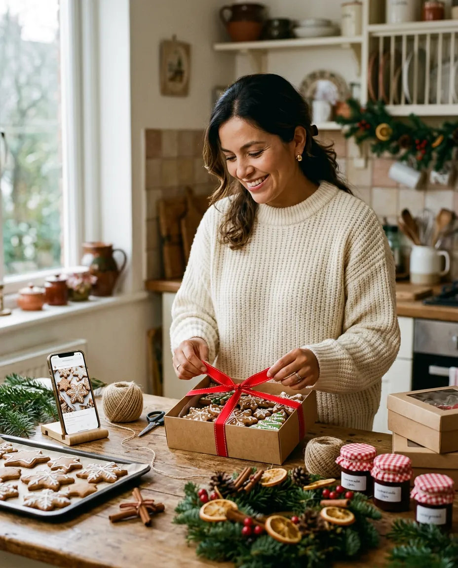 Emprendedora empacando galletas navideñas en su cocina