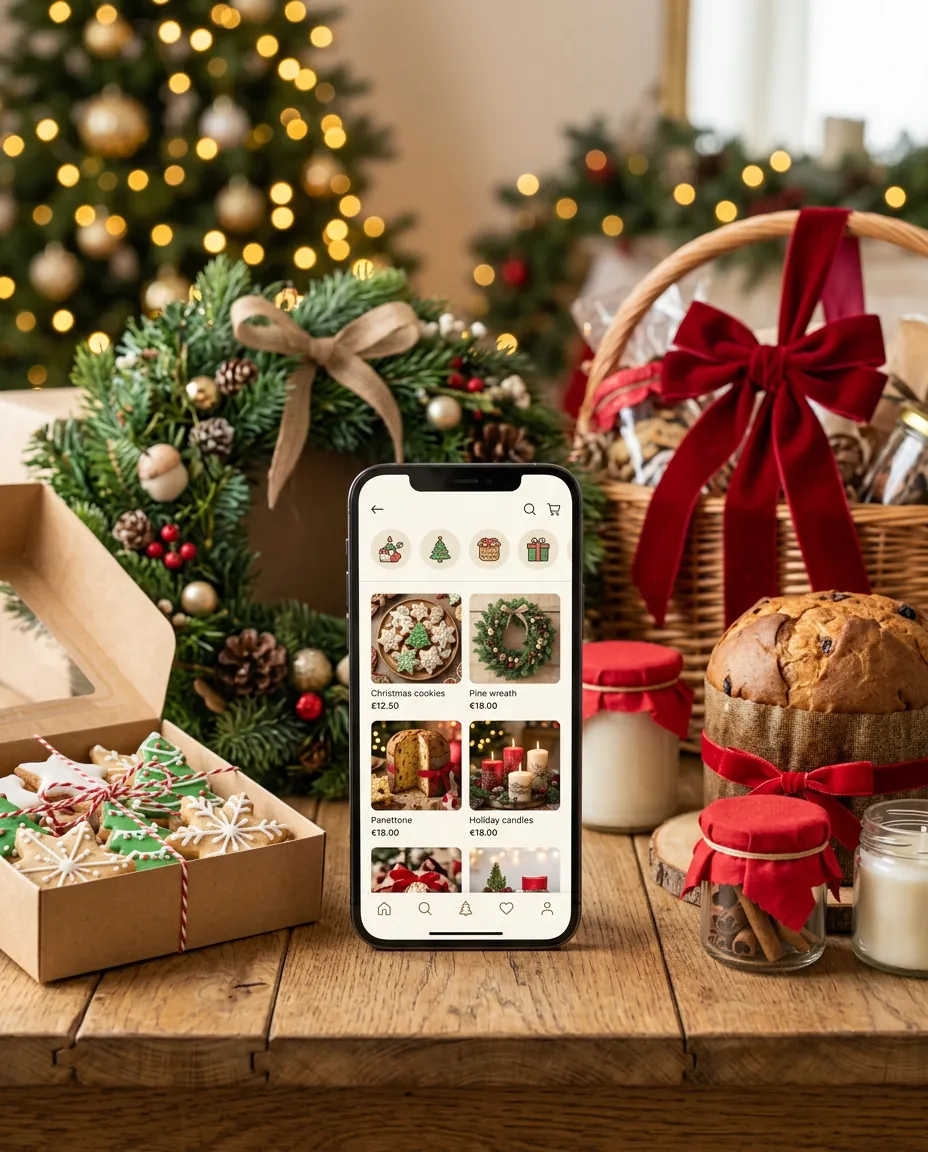 Celular con la app Navidad Rentable rodeado de productos navideños
