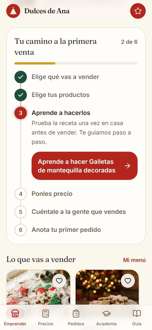 Pantalla de la app: Ideas de negocio y tu camino a la primera venta