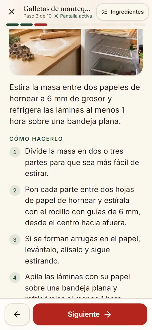 Pantalla de la app: Modo paso a paso para cocinar o armar