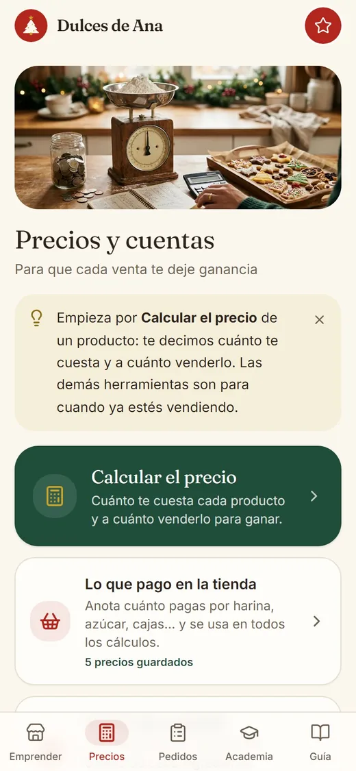 Pantalla de la app: Herramientas para ponerle precio