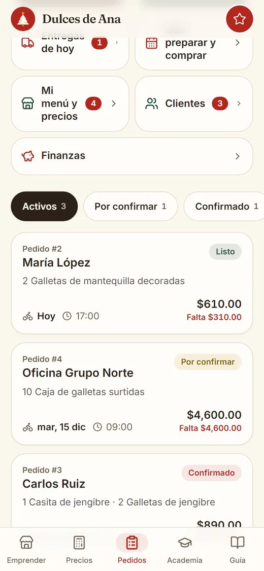 Pantalla de la app: Pedidos y cobros de punta a punta