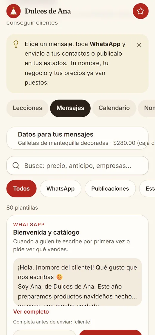 Pantalla de la app: 80 mensajes listos para vender